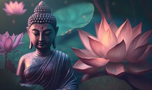  A Buddha Statue Sitting In Front Of A Lotus Flower Garden.  Generative Ai
