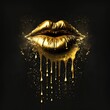 illustration, golden lips melting on a black background, generative ai