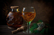 Beautiful glass of honey mead in an illustrated styled photo shoot with decanter and bottle