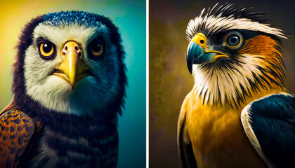 Two different pictures of birds, one is hawk and the other is an eagle. Generative AI.