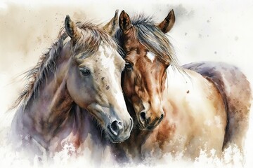 Wall Mural - Two horses were cuddling. Painting with watercolor. Generative AI