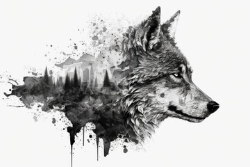 Naklejka na meble The head of a wolf on a white background with double exposure. Retro design graphic element. This picture would be great for a mascot, a tattoo, or a design on a T shirt. Stock illustration
