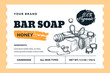 Hand made honey soap bar package label or sticker design. Vector hand drawn sketch illustration. Badge or banner layout