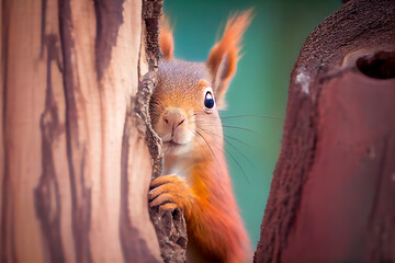 Wall Mural - cute squirrel peeps out of a hollow in winter. Generative AI, Generative, AI