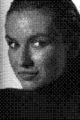 Wall Mural - Abstract woman portrait illustration in halftone black and white bitmap pixels pattern. Close-up model face silhouette. Futuristic looking style