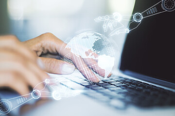 Aufkleber - Creative abstract robotics technology hologram with globe and hands typing on computer keyboard on background, artificial intelligence and machine learning concept. Multi exposure