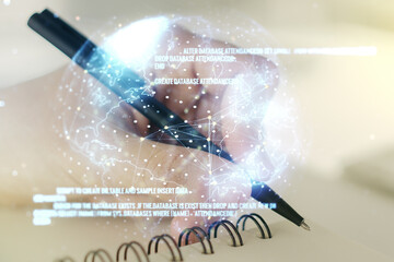 Aufkleber - Multi exposure of abstract graphic coding sketch with world map and man hand writing in diary on background, big data and networking concept