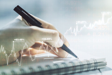 Poster - Abstract creative financial graph with hand writing in notebook on background, forex and investment concept. Multiexposure