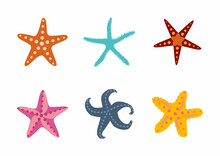Sea Stars Set. Multicolored Starfish On A White Background. Starfishes Underwater Invertebrate Animal.