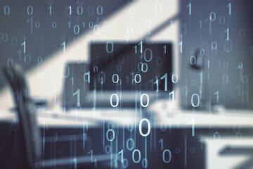 Aufkleber - Creative concept of binary code illustration and modern desktop with computer on background. Big data and coding concept. Multiexposure