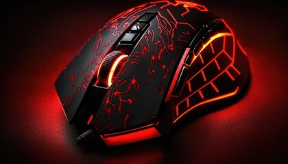 Wall Mural - A black and red gaming mouse with customizable buttons on a black background. The scene feels intense and powerful, with bright red lighting highlighting the mouse's intricate . generative ai
