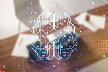Poster - Creative artificial Intelligence concept with human brain hologram and modern desktop with computer on background. Multiexposure