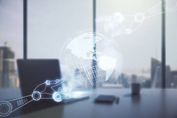 Aufkleber - Creative abstract robotics technology sketch with globe and modern desk with computer on background, future technology and AI concept. Double exposure
