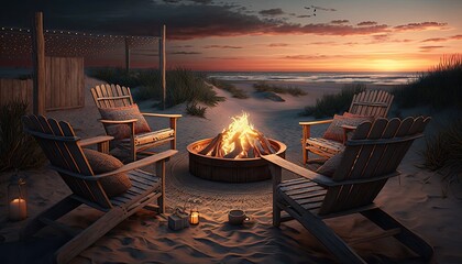 Poster - A cozy and inviting outdoor lounge setup with comfortable chairs and a fire pit on a sandy beach at sunset. HD, realistic, warm lighting type. generative ai