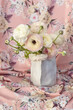 Close-up floral composition with a pink Ranunculus flowers . Beautiful bouquet of a spring flowers. 