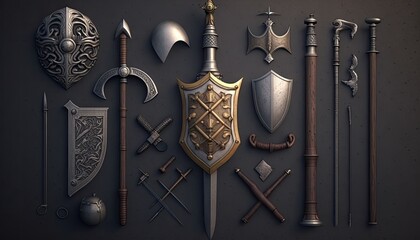 Canvas Print - A set of classic medieval weapons, including swords, axes, and maces. The mood is gritty and realistic. generative ai