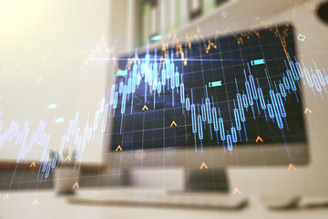 Poster - Multi exposure of abstract creative financial chart with world map and modern desktop with laptop on background, research and analytics concept