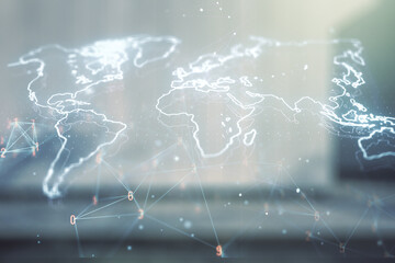 Poster - Double exposure of abstract digital world map on modern business center exterior background, research and strategy concept