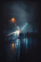 Wall Mural - illustration, foggy light in the night city and wet asphalt, ai generative