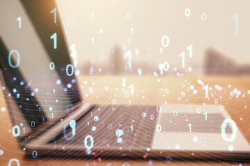 Poster - Creative abstract binary code hologram on modern computer background, AI and machine learning concept. Multiexposure