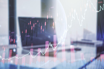 Poster - Abstract creative financial graph with world map on modern laptop background, forex and investment concept. Multiexposure