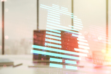 Poster - Double exposure of creative Bitcoin symbol hologram with computer on background. Mining and blockchain concept