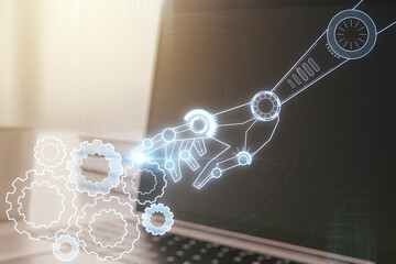 Aufkleber - Creative abstract robotics technology hologram on modern computer background, artificial intelligence and machine learning concept. Multi exposure