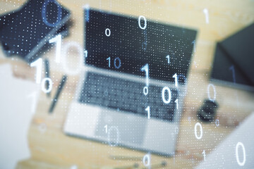 Poster - Creative concept of binary code illustration on modern laptop background. Big data and coding concept. Multiexposure