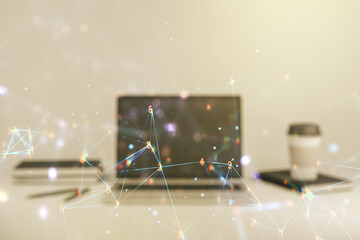 Aufkleber - Creative abstract wireless technology hologram on modern computer background, artificial intelligence and machine learning concept. Multi exposure