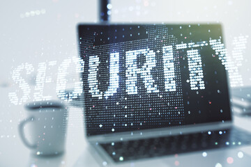 Poster - Cyber security creative concept on modern laptop background. Double exposure