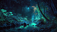 Bioluminescent Jungle At Night With Glowing  Trees By Generative AI