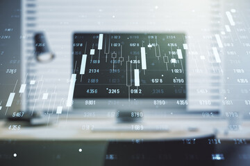 Poster - Multi exposure of abstract statistics data hologram interface on computer background, computing and analytics concept