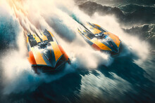 A Pair Of Speedboats Racing Side-by-side Across A Choppy, Open Ocean, With Spray Flying High In The Air - Generative AI