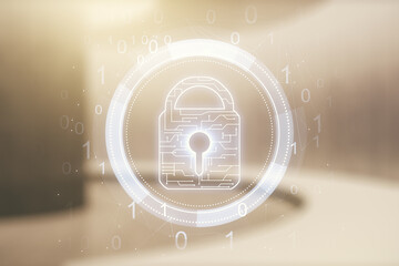 Poster - Virtual creative lock illustration with microcircuit on modern interior background, cyber security concept. Multiexposure
