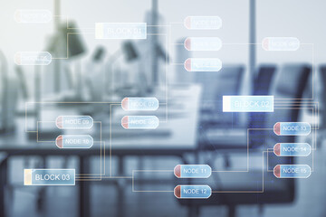Poster - Abstract virtual coding concept on a modern furnished office background. Multiexposure
