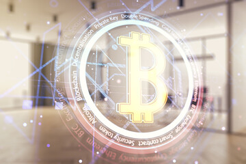 Poster - Double exposure of creative Bitcoin symbol hologram on a modern furnished office interior background. Mining and blockchain concept