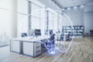 Poster - Double exposure of creative artificial Intelligence interface on modern corporate office background. Neural networks and machine learning concept