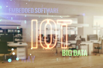 Poster - Double exposure of abstract virtual IOT hologram on modern corporate office background, research and development concept