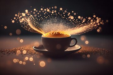 Canvas Print - Cup of coffee with splashes and smoke on a dark background. Coffee splashing out of a cup on a dark background. 3d rendering. Generative AI technology.