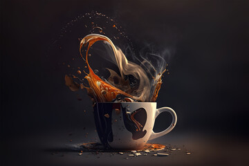 Canvas Print - Cup of coffee with splashes and smoke on a dark background. Coffee splash with coffee beans on dark background.. Generative AI technology.