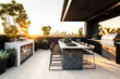 A modern and sleek rooftop barbecue area with a stunning cityscape view and sleek furnishings, perfect for high-end urban living - Generative AI