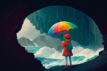 A Person Standing At The Edge Of A Cliff, Holding An Umbrella In The Middle Of A Rainstorm, With A Rainbow Visible In The Distance - Illustration - Generative AI