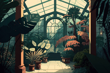 Poster - A greenhouse with tropical plants Generative AI