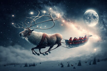 A Sleigh Flying Through The Sky With Reindeer Pullin Generative AI