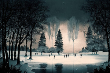 Poster - A scene of ice skating on a frozen lake with trees Generative AI