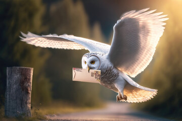 A magical white owl delivers a letter to a magical school. AI generation