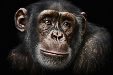 Sticker - Portrait of a curious chimpanzee that looks like it wants to ask a question, with details pasted on a black background. Generative AI