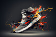 Creative bright colorful sneakers on dark background. Sport footwear and fashion concept. Banner for design. Created with Generative AI