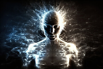 Wall Mural - glowing human figure on abstract background. illustration of human consciousness. astral body and sp