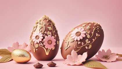 Wall Mural - Festive decorated chocolate easter eggs on pink background, Generative AI image	